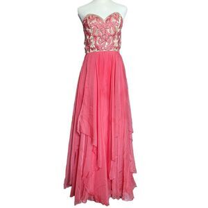 Sherri Hill Dress Womens 6 Coral Gold Embroidered Chiffon Sweetheart Strapless